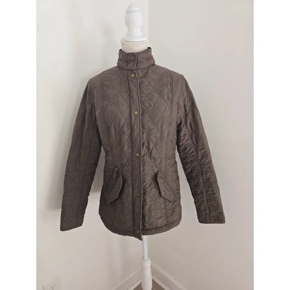 Barbour Kensington Quilted Fleece Lined Zip Snap Brown Green Womens Jacket 8 M